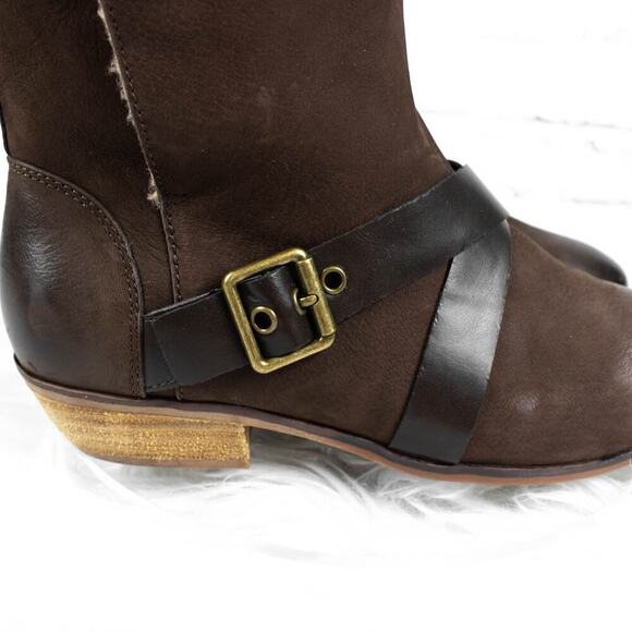 Softwalk Brown Suede Ankle Mid Calf Boots Size 9 Wide Faux Shearling Fur Buckle - Picture 2 of 11